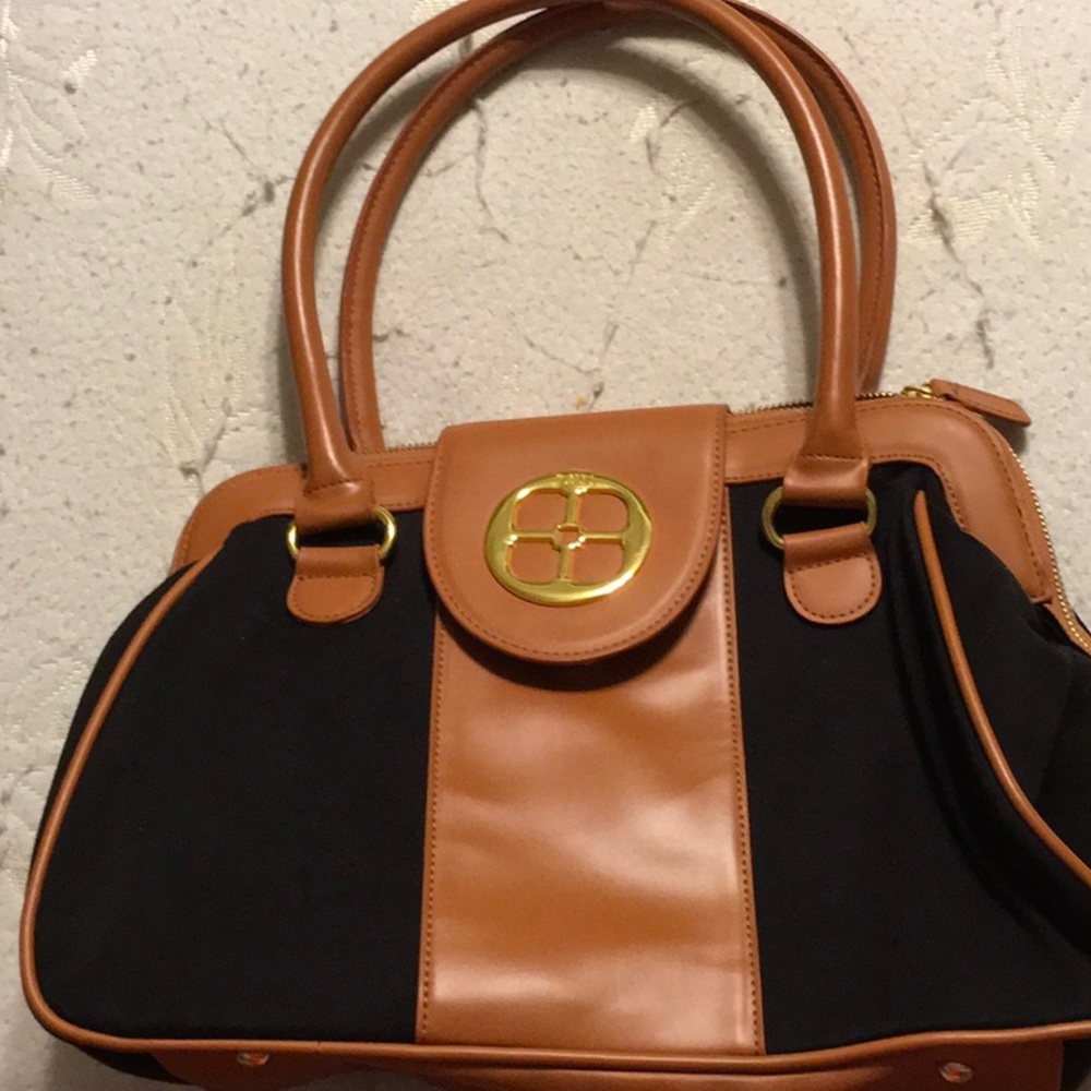 EUC,Iman trapezoid Black Denim Bag,Camel faux leather,Over arm handlesGoldzipper
